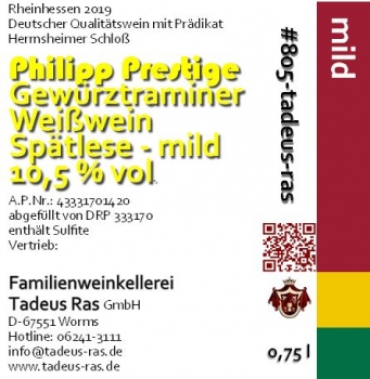 Gewürztraminer - Phillipp Prestige - Spätlese mild 2019